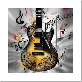 An abstract image of a guitar with musical symbols Posters and Art